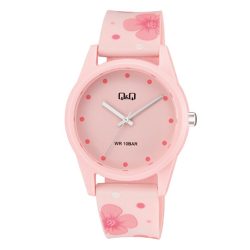   Q&Q női karóra, quartz, rózsaszínű műanyag tok, rózsaszínű virágos mintás műanyag szíj, rózsaszínű számlap, V08A-004VY