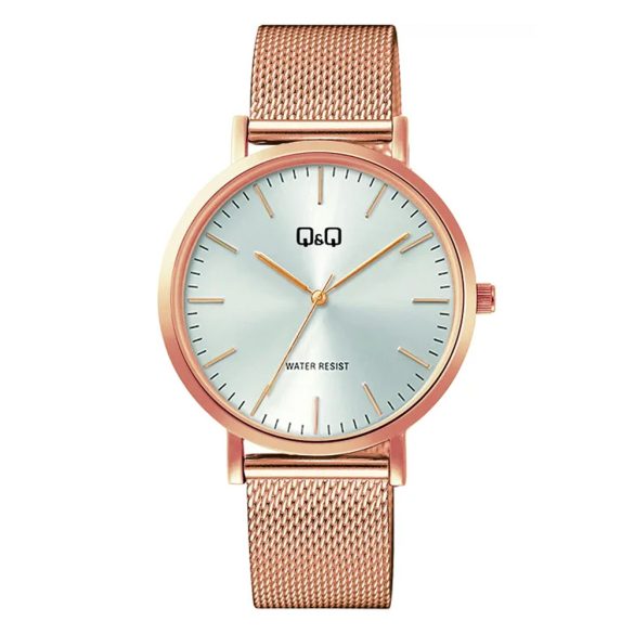 Q&Q unisex karóra, quartz, rózsaarany színű fémtok, rózsaarany színű nemesacél csat (mesh band), ezüst színű számlap, C34A-006PY