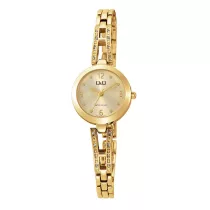   Q&Q női karóra, arany színű fémtok, arany színű nemesacél csat, pezsgőszínű számlap, F07A-004PY