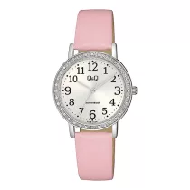   Q&Q női karóra, ezüst színű fémtok kődíszítéssel, rózsaszín bőrszíj, ezüst színű számlap, Q32B-003PY