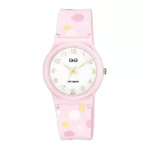   Q&Q női karóra, rózsaszín műanyag tok, rózsaszín műanyag szíj, fehér számlap, V06A-014VY