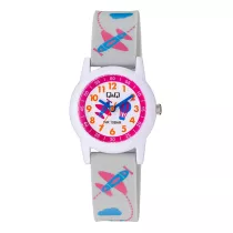   Q&Q gyerek karóra, fehér műanyag tok, szürke műanyag szíj, fehér figurás számlap, V22A-021VY