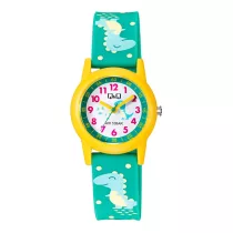   Q&Q gyerek karóra, sárga műanyag tok, zöld figurás szíj, figurás számlap, V22A-023VY