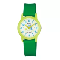   Q&Q gyerek karóra, zöld műanyag tok, zöld műanyag szíj, figurás számlap, V23A-016VY