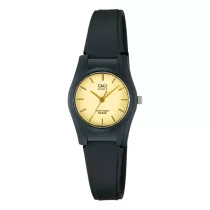   Q&Q női karóra, fekete műanyag tok, fekete műanyag szíj, arany színű számlap, műanyag hátlap VQ03J002Y