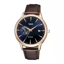   Q&Q férfi karóra, quartz, rózsaarany színű fémtok, barna színű bőrszíj, kék színű számlap, A12A-003PY