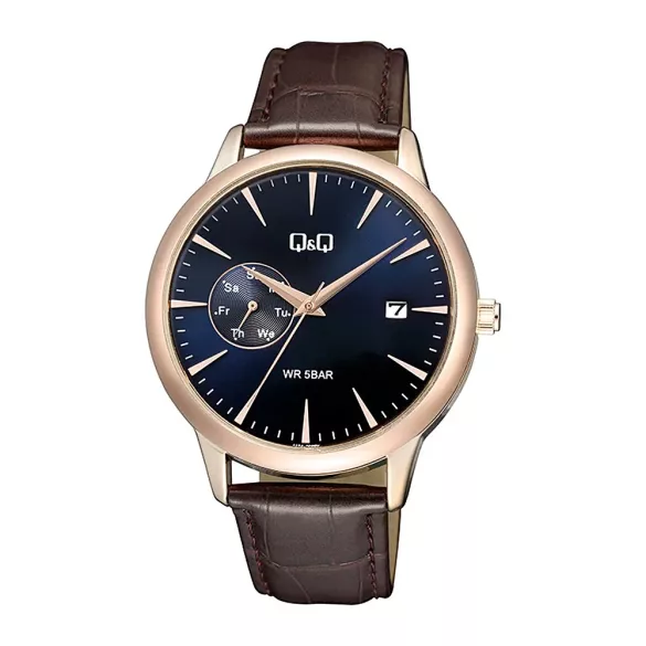 Q&Q férfi karóra, quartz, rózsaarany színű fémtok, barna színű bőrszíj, kék színű számlap, A12A-003PY