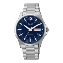   Q&Q férfi karóra, ezüst színű fémtok, ezüst színű nemesacél csat, kék számlap, A36A-003PY