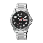   Q&Q férfi karóra, ezüst színű fémtok, ezüst színű nemesacél csat, fekete színű számlap, A37A-004PY