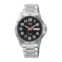   Q&Q férfi karóra, ezüst színű fémtok, ezüst színű nemesacél csat, fekete színű számlap, A37A-004PY