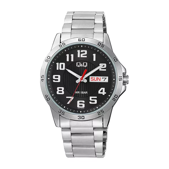 Q&Q férfi karóra, ezüst színű fémtok, ezüst színű nemesacél csat, fekete színű számlap, A37A-004PY