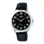  Q&Q férfi karóra, quartz, ezüst színű fémtok, fekete színű bőrszíj, fekete színű számlap, C36A-014PY