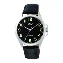   Q&Q férfi karóra, quartz, ezüst színű fémtok, fekete színű bőrszíj, fekete színű számlap, C36A-014PY