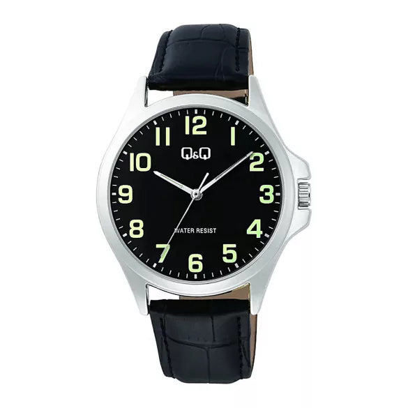 Q&Q férfi karóra, quartz, ezüst színű fémtok, fekete színű bőrszíj, fekete színű számlap, C36A-014PY