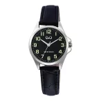   Q&Q női karóra, quartz, ezüst színű fémtok, fekete színű bőrszíj, fekete színű számlap, C37A-014PY