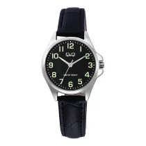   Q&Q női karóra, quartz, ezüst színű fémtok, fekete színű bőrszíj, fekete színű számlap, C37A-014PY