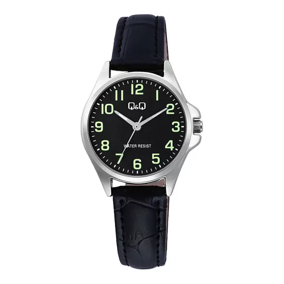 Q&Q női karóra, quartz, ezüst színű fémtok, fekete színű bőrszíj, fekete színű számlap, C37A-014PY