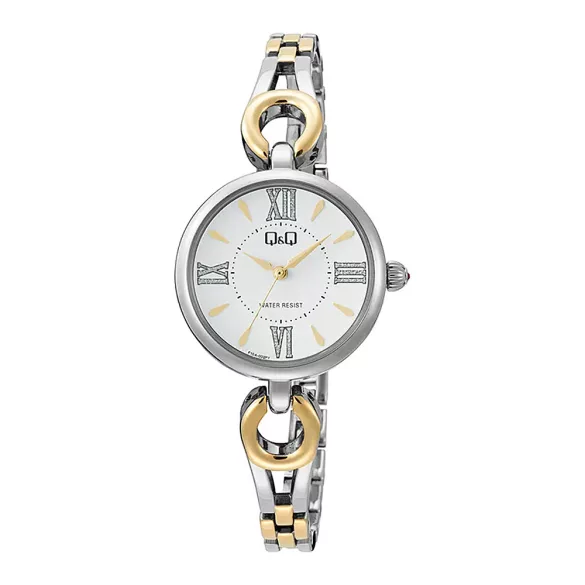 Q&Q női karóra, quartz, ezüst színű fémtok, bicolor színű nemesacél csat, ezüst színű számlap, F10A-002PY