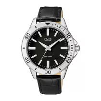   Q&Q férfi karóra, quartz, ezüst színű fémtok, fekete színű bőrszíj, fekete színű számlap, Q28B-006PY