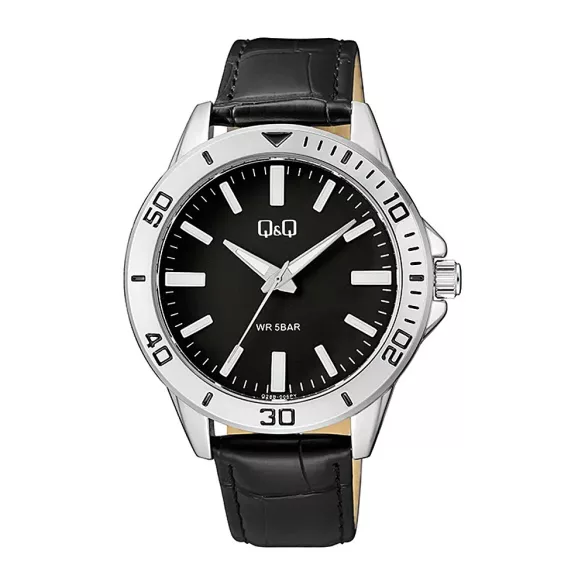 Q&Q férfi karóra, quartz, ezüst színű fémtok, fekete színű bőrszíj, fekete színű számlap, Q28B-006PY