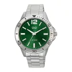   Q&Q férfi karóra, ezüst színű fémtok, ezüst színű nemesacél csat, zöld színű számlap, Q28B-011PY