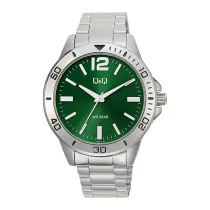   Q&Q férfi karóra, ezüst színű fémtok, ezüst színű nemesacél csat, zöld színű számlap, Q28B-011PY