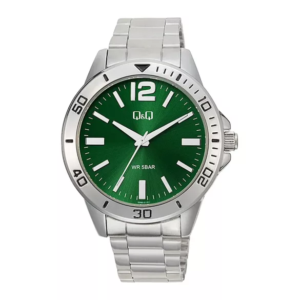 Q&Q férfi karóra, ezüst színű fémtok, ezüst színű nemesacél csat, zöld színű számlap, Q28B-011PY