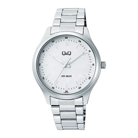 Q&Q férfi karóra, ezüst színű fémtok, ezüst színű nemesacél csat, fehér számlap, Q49B-004PY