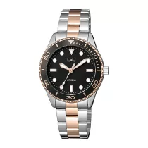   Q&Q női karóra, quartz, bicolor színű fémtok, bicolor színű nemesacél csat, fekete számlap, Q55A-002PY