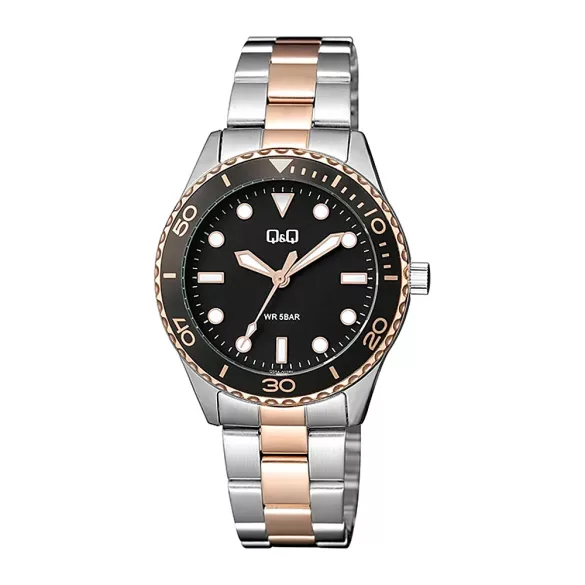 Q&Q női karóra, quartz, bicolor színű fémtok, bicolor színű nemesacél csat, fekete számlap, Q55A-002PY