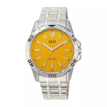   Q&Q férfi karóra, ezüst színű fémtok, ezüst színű nemesacél csat, sárga színű számlap, Q60A-001PY