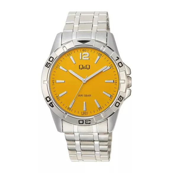 Q&Q férfi karóra, ezüst színű fémtok, ezüst színű nemesacél csat, sárga színű számlap, Q60A-001PY