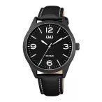   Q&Q férfi karóra, quartz, fekete színű fémtok, fekete színű bőrszíj, fekete színű számlap, Q77B-002PY