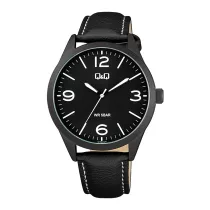   Q&Q férfi karóra, quartz, fekete színű fémtok, fekete színű bőrszíj, fekete színű számlap, Q77B-002PY