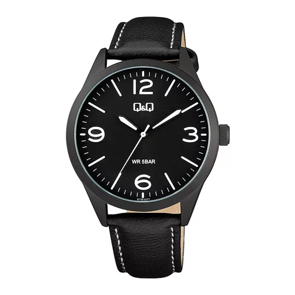 Q&Q férfi karóra, quartz, fekete színű fémtok, fekete színű bőrszíj, fekete színű számlap, Q77B-002PY