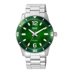   Q&Q férfi karóra, ezüst színű fémtok, ezüst színű nemesacél csat, zöld színű számlap, Q85B-003PY