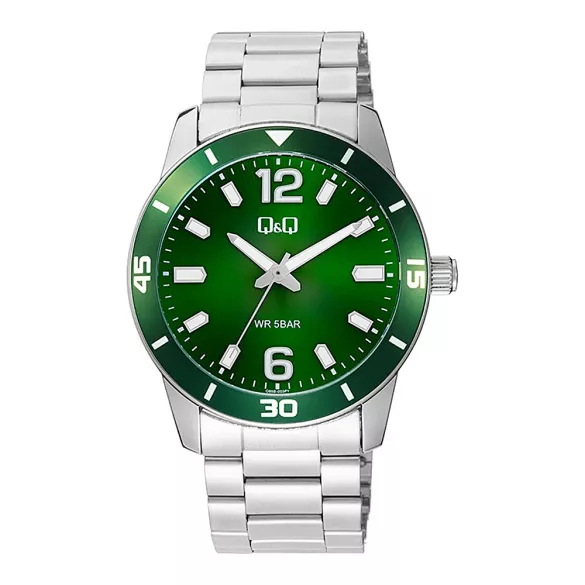 Q&Q férfi karóra, ezüst színű fémtok, ezüst színű nemesacél csat, zöld színű számlap, Q85B-003PY