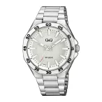   Q&Q férfi karóra, ezüst színű fémtok, ezüst színű nemesacél csat, ezüst színű számlap, QZ82J201Y