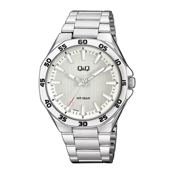 Q&Q férfi karóra, ezüst színű fémtok, ezüst színű nemesacél csat, ezüst színű számlap, QZ82J201Y