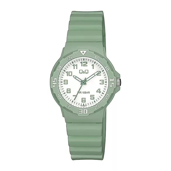 Q&Q gyerek karóra, zöld műanyag tok, zöld műanyag szíj, fehér számlap, V07A-005VY