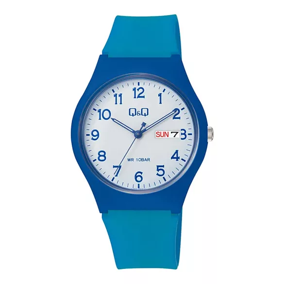 Q&Q férfi karóra, quartz, kék színű műanyag tok, kék színű műanyag szíj, fehér színű számlap, V39A-002VY