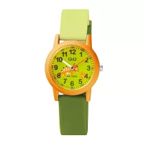   Q&Q gyerek karóra, narancssárga műanyag tok, zöld szíj, figurás számlap, VS49J008Y