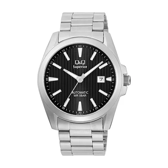 Q&Q férfi AUTOMATA karóra, ezüst színű nemesacél tok, ezüst színű nemesacél csat, fekete számlap, (Superior), S23A-501VY