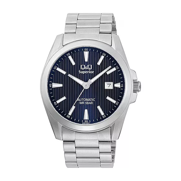 Q&Q férfi AUTOMATA karóra, ezüst színű nemesacél tok, ezüst színű nemesacél csat, kék számlap, (Superior), S23A-503VY