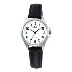   Q&Q női karóra, ezüst színű fémtok, fehér színű számlap, fekete színű bőrszíj C37A-013PY