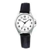   Q&Q női karóra, ezüst színű fémtok, fehér színű számlap, fekete színű bőrszíj C37A-013PY
