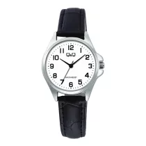   Q&Q női karóra, ezüst színű fémtok, fehér színű számlap, fekete színű bőrszíj C37A-013PY