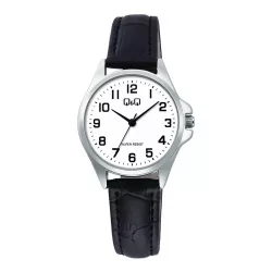   Q&Q női karóra, ezüst színű fémtok, fehér színű számlap, fekete színű bőrszíj C37A-013PY