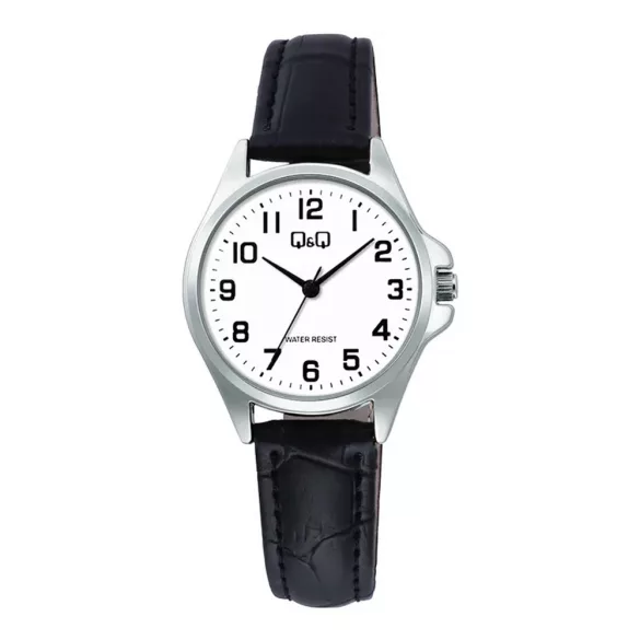 Q&Q női karóra, ezüst színű fémtok, fehér színű számlap, fekete színű bőrszíj C37A-013PY