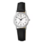   Q&Q női karóra, ezüst színű fémtok, fehér színű számlap, fekete színű bőrszíj  C40A-009PY